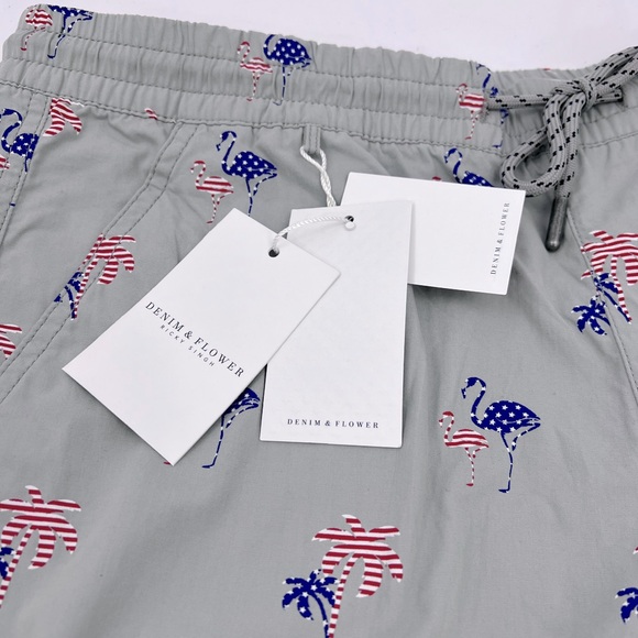 DENIM & FLOWER, RICKY SINGH, GREY WITH FLAMINGO & PALM TREES IN US FLAG, SIZE 32 - Picture 10 of 16